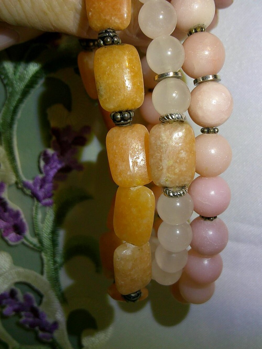Affinity Gems Set of 3 Stretch Bracelets Silver Pink Aragonite, Quartz, Calcite